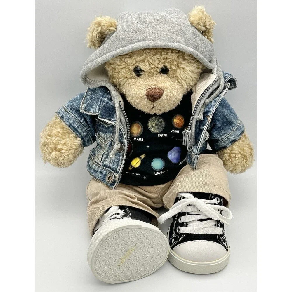Build-A-Bear Workshop Curly Teddy Bear Denim Jacket Hoodie Outfit Shoes Plush